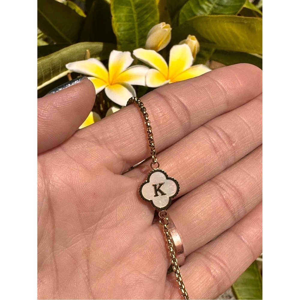 Gold Plated Stainless Steel Initial K Clover Bolo Bracelet Mother of Pearl